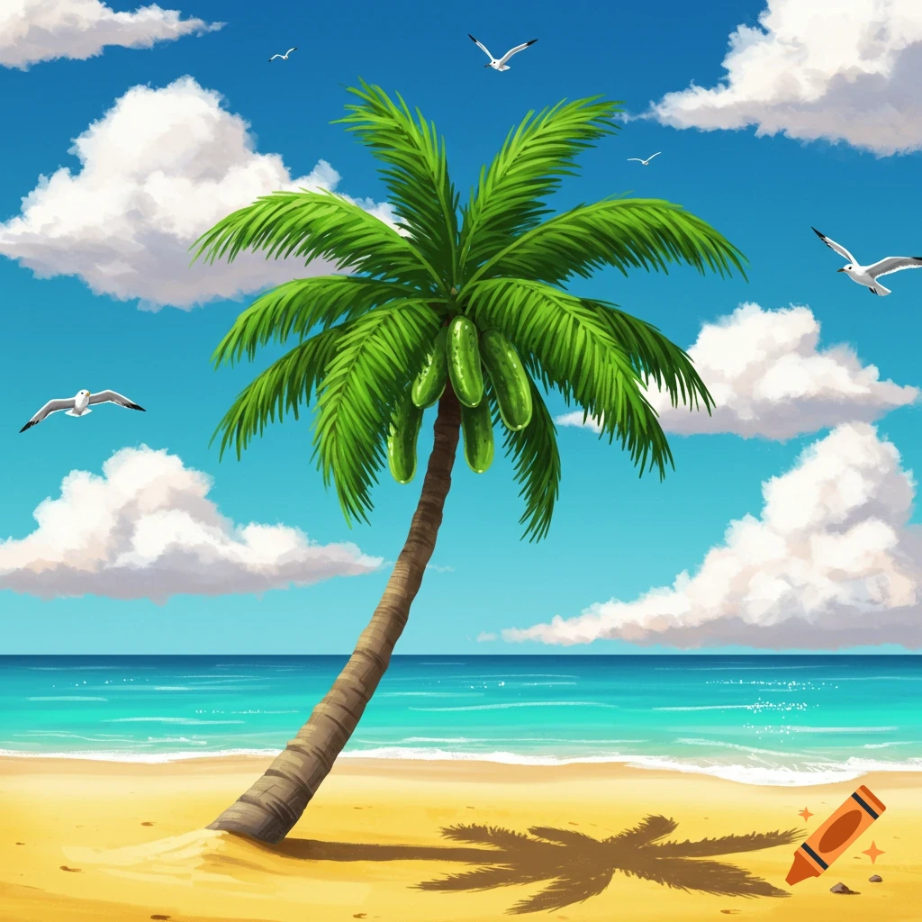 A cartoon palm tree with green pickles on a sunny tropical beach with turquoise ocean, blue sky, and seagulls.