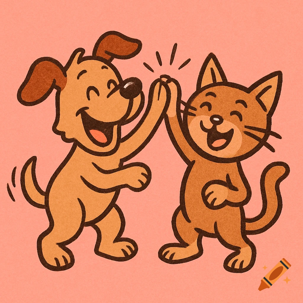 A playful cartoon illustration of a brown dog and a brown cat high-fiving against a pink background.