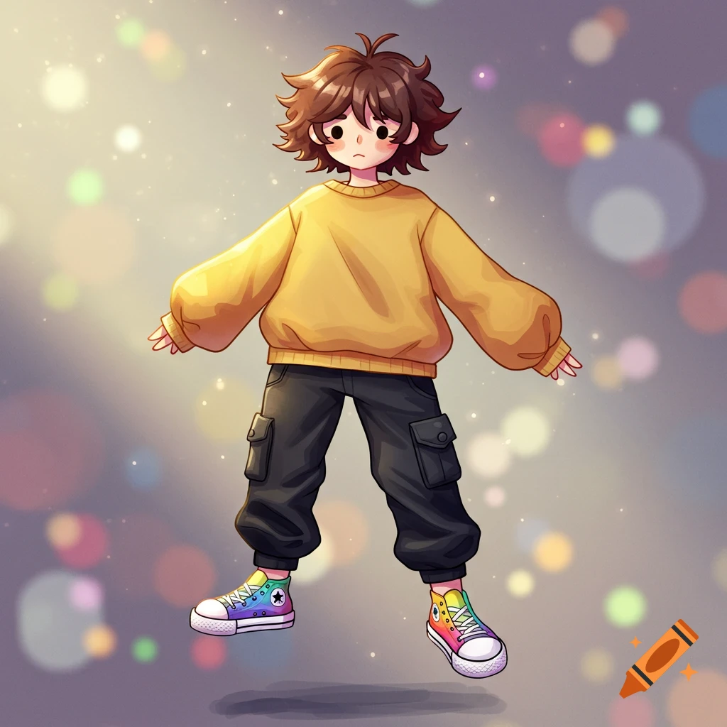 A floating cartoon character with short brown hair, a yellow sweatshirt, black cargo pants, and rainbow high-top sneakers on a bokeh background.