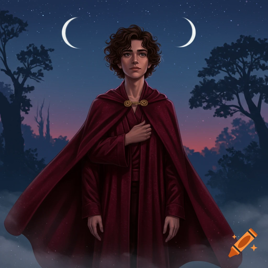 A curly-haired teen boy in a burgundy cloak and robe stands under two crescent moons at dusk.