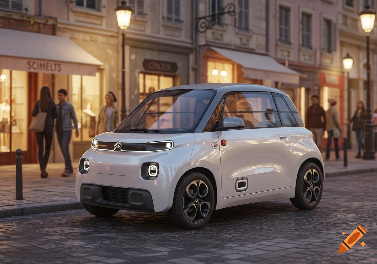 A white Citroen Ami compact electric car parked on a cobblestone street in a European city at dusk, with people walking in the background.