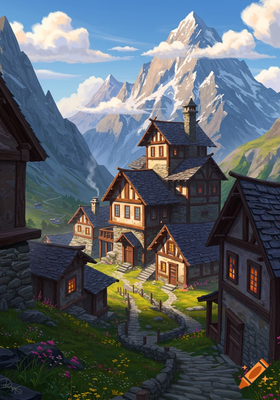 A picturesque village with stone and timber houses nestled in a mountain valley under a bright sky, with winding paths.