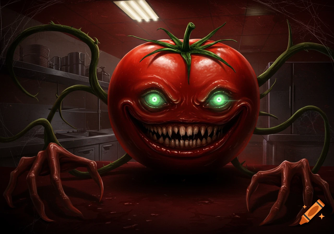 A monstrous, evil-looking tomato with glowing green eyes and sharp teeth, with thorny vines and clawed hands, in a dark kitchen.
