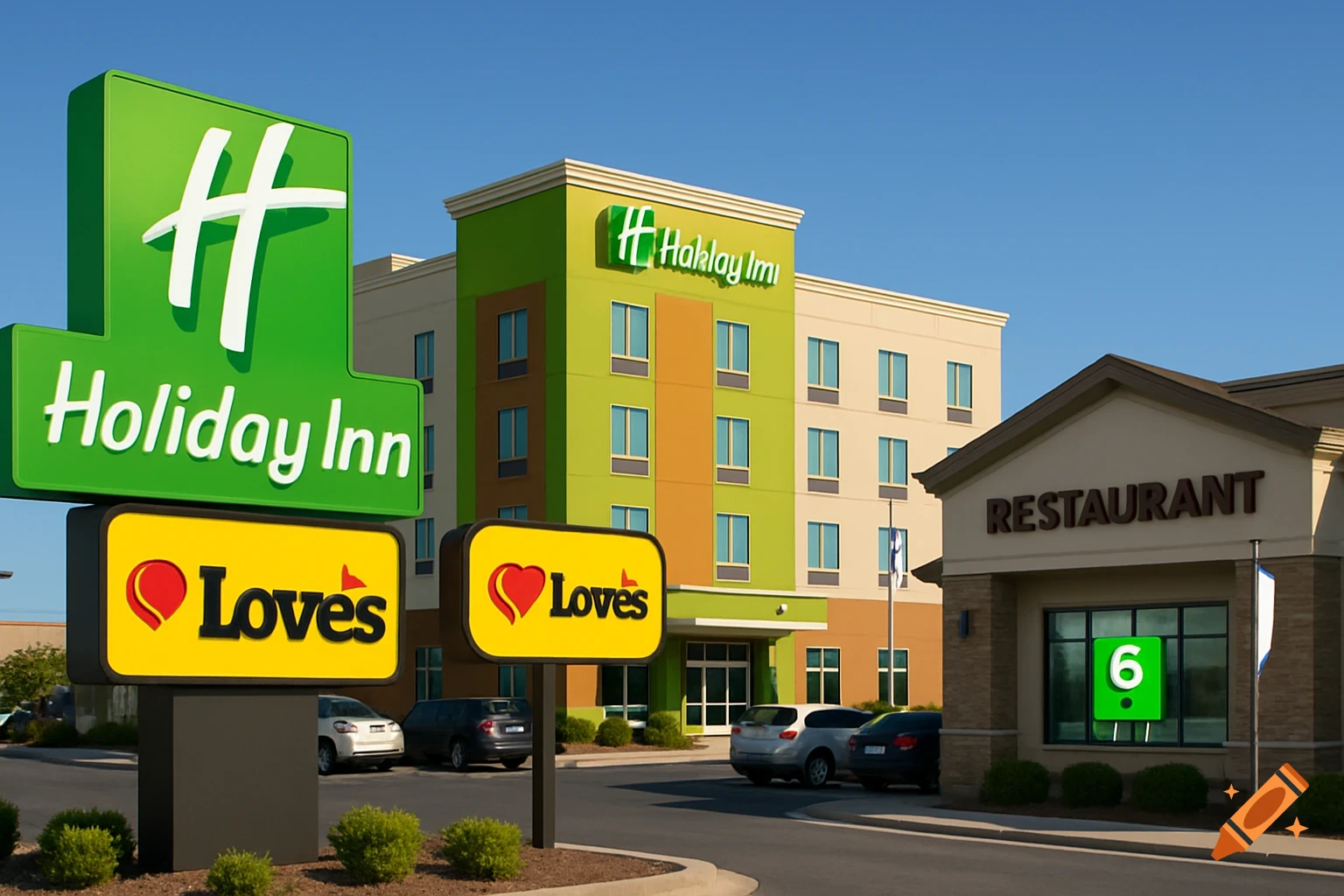 A Holiday Inn hotel and a restaurant building next to a large Holiday Inn sign and two yellow Love's signs on a clear day.