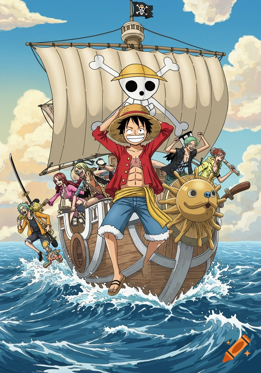 Luffy and the Straw Hat Pirates sail the open ocean on their ship, rendered in a vibrant anime style.
