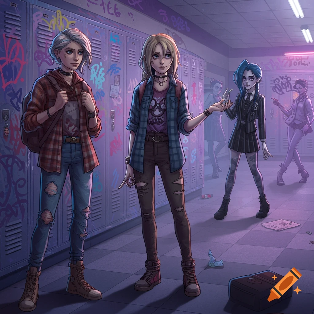 Anime-style students in grunge outfits stand in a purple-lit, graffiti-covered high school hallway.