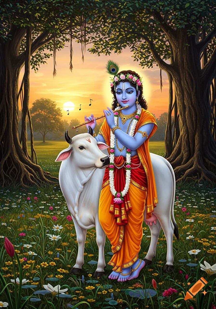 Lord Krishna, with blue skin and adorned in colorful robes, plays a flute while standing next to a white cow in a vibrant meadow at sunset, surrounded by lush trees.