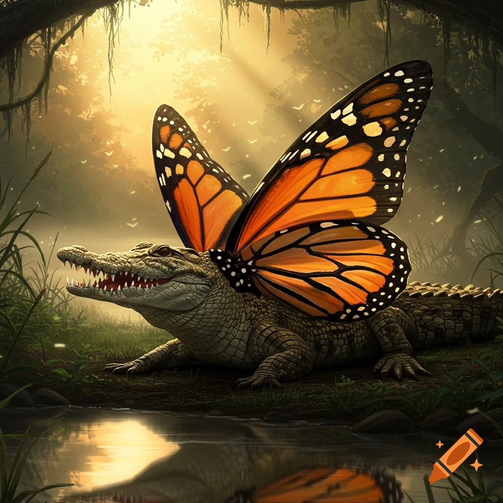 A crocodile with large, vibrant orange monarch butterfly wings sits by a still pool in a sunlit, misty swamp.