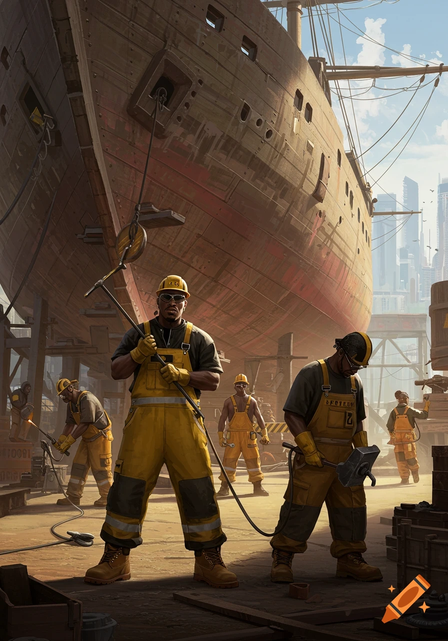 Digital painting of shipbuilders in yellow overalls and hard hats working on a massive ship in a dry dock, with a city skyline in the background.
