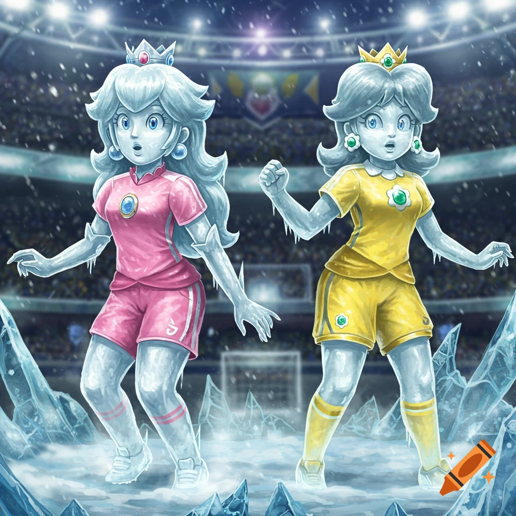 Princess Peach and Daisy as surprised ice statues in soccer uniforms on a frozen stadium field.