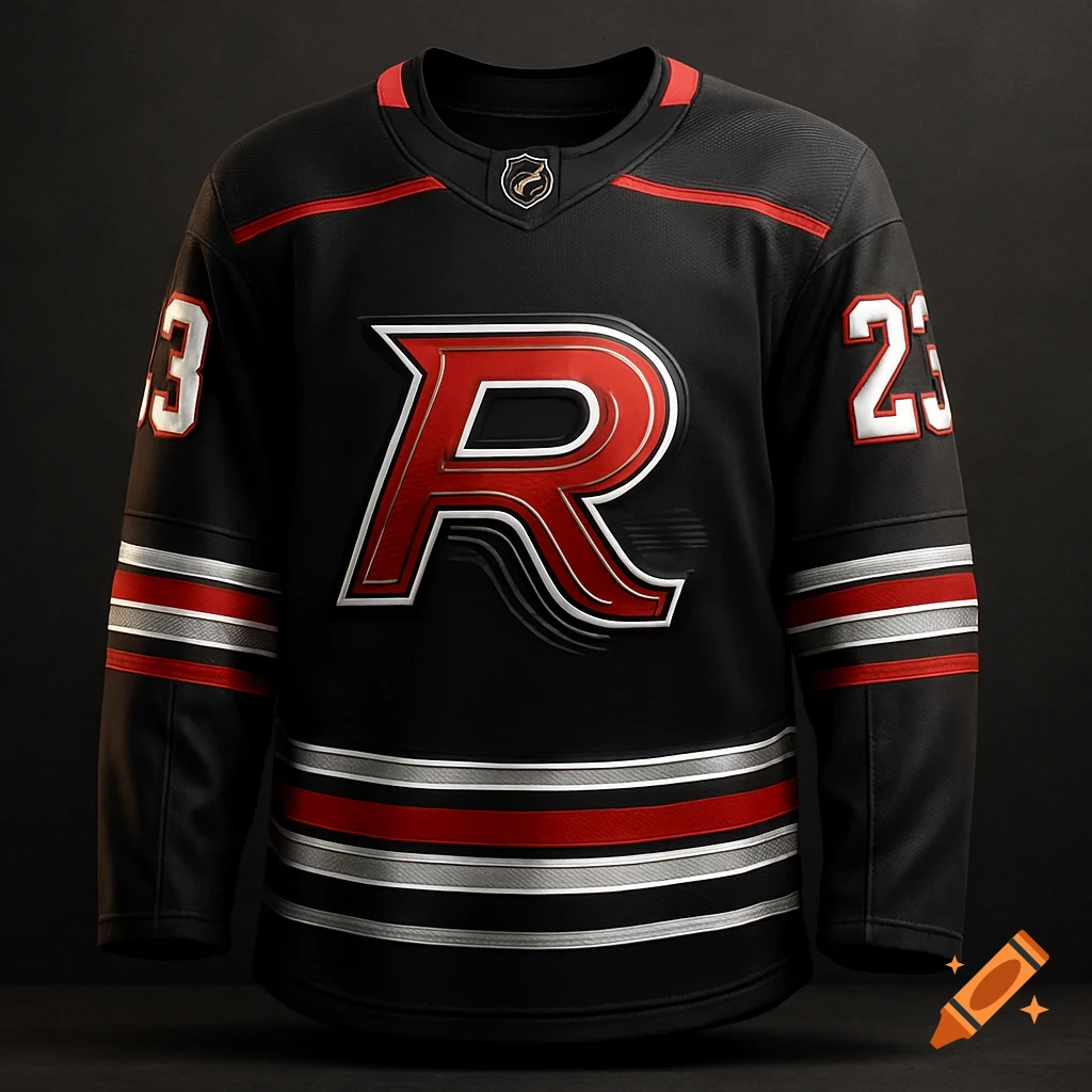 A photorealistic image of a black hockey jersey with red, white, and chrome stripe accents. It features a stylized red 'R' logo on the chest and white numbers with red accents on the sleeves.