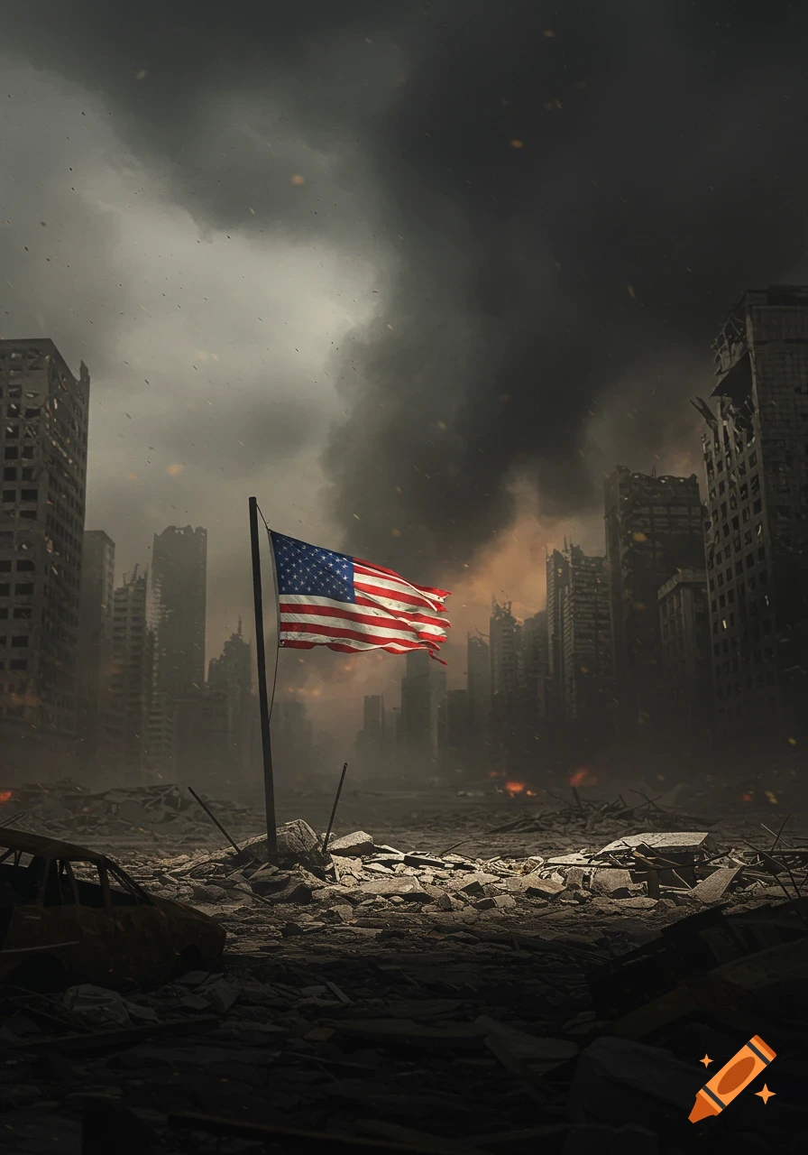 An American flag flies over a bomb-decimated city landscape under dark, smoky skies.