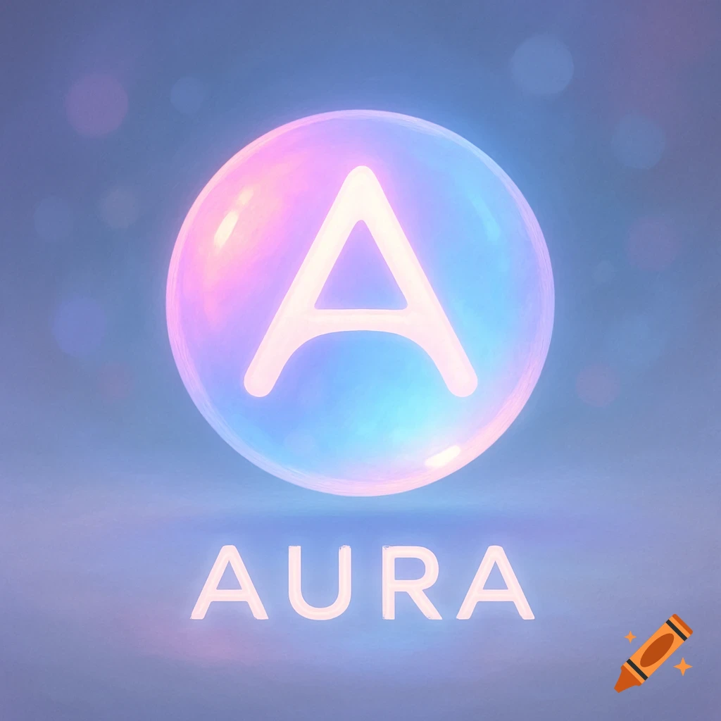 A glowing pink, blue, and purple orb with a large letter A inside, above the word AURA, on a soft pastel background.