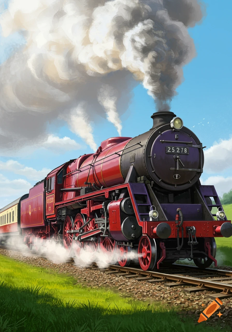 A red and purple steam locomotive with black details pulls passenger cars on a track through a green field under a blue sky, emitting white smoke.