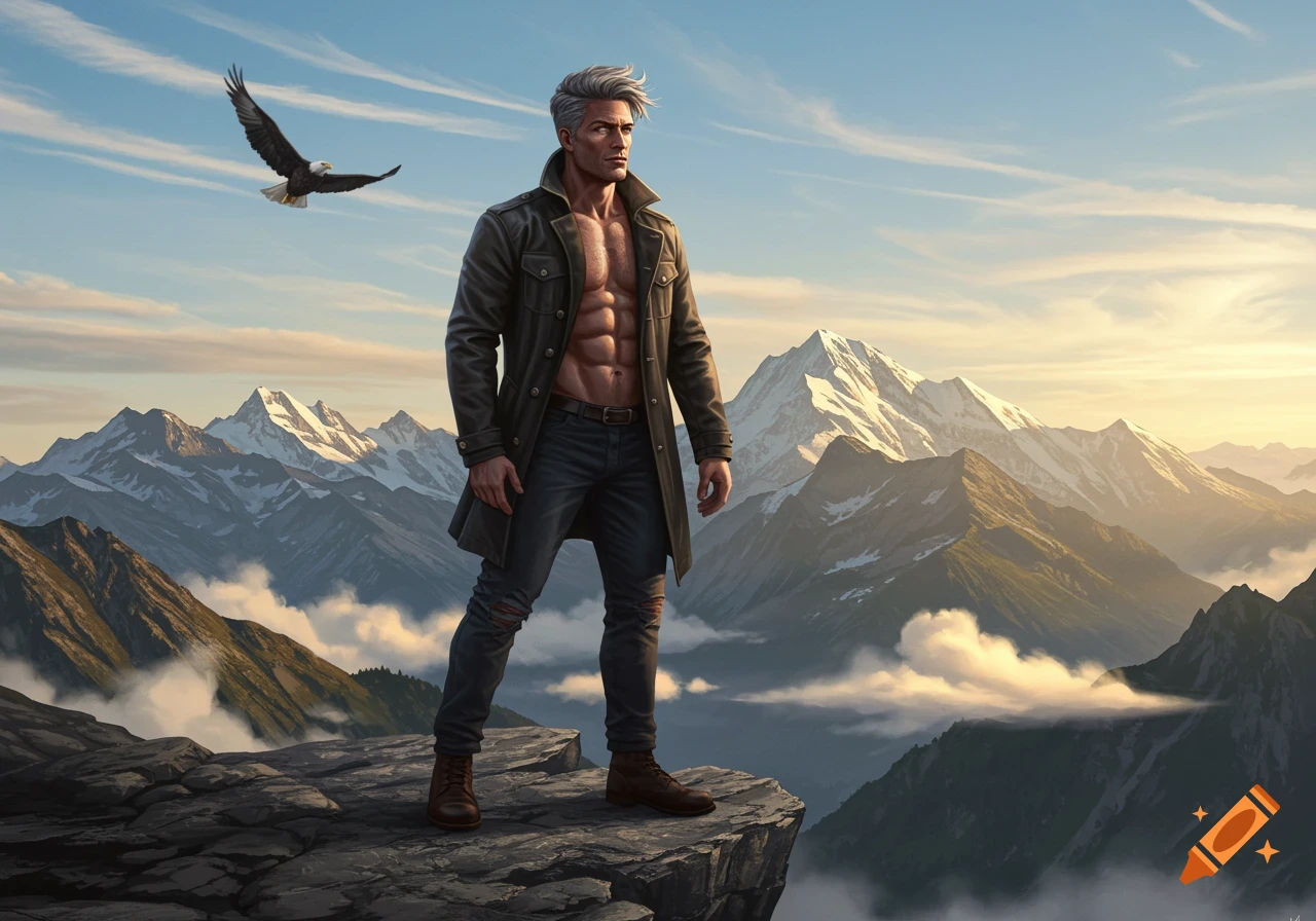 A muscular man with gray hair in an open leather coat stands on a rocky mountain peak overlooking a vast, misty mountain range with an eagle flying nearby under a blue sky.
