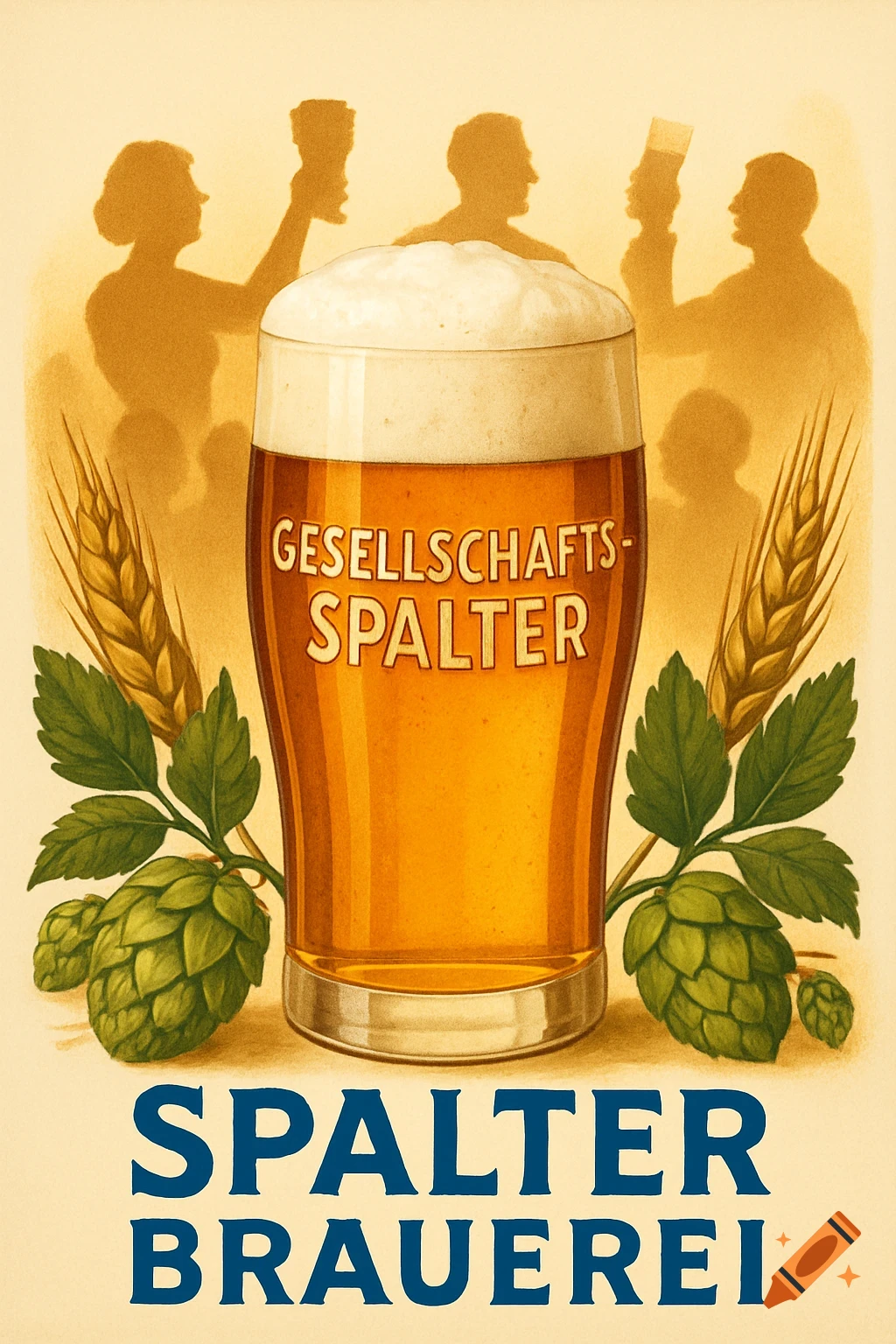 A vintage-style beer advertisement poster with a glass of beer, hops, and wheat, featuring text 'Gesellschafts-Spalter' and 'Spalter Brauerei'.