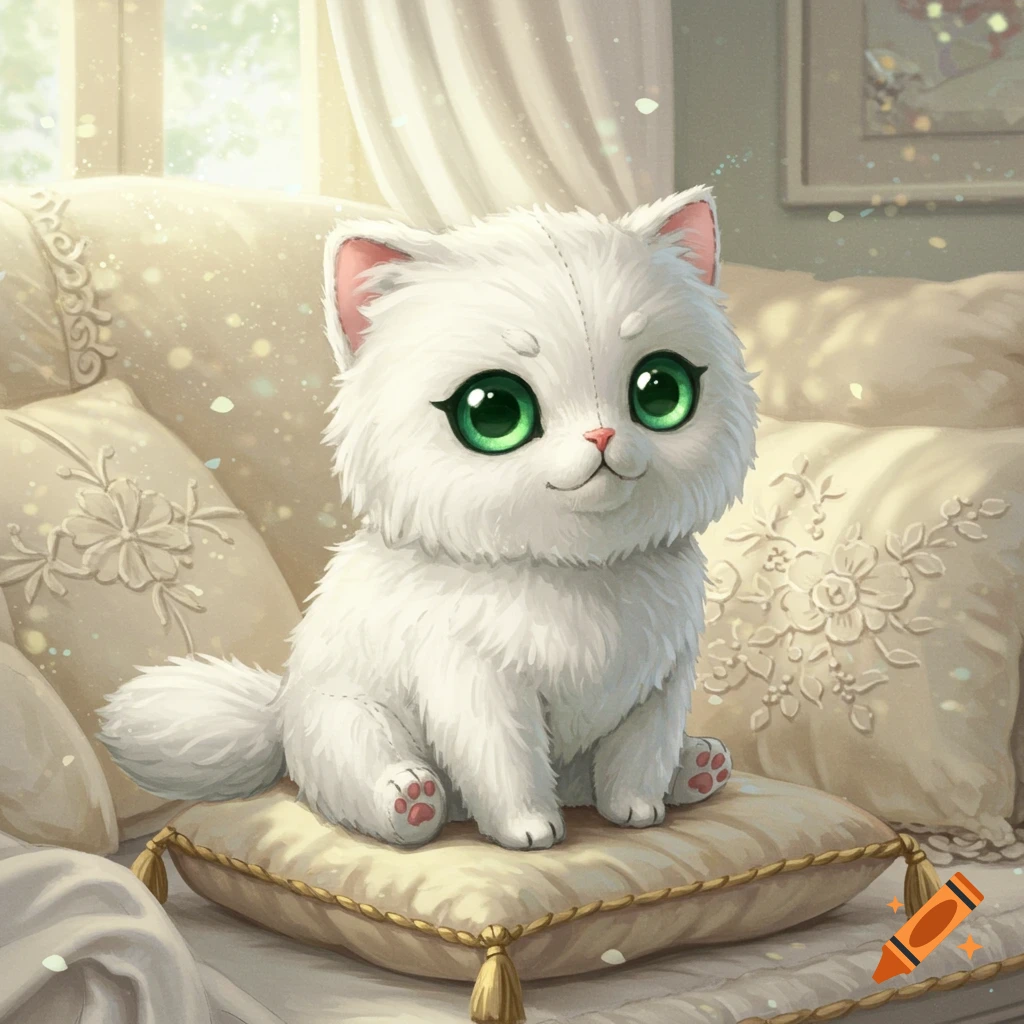 A cute, white, plushie-like cat with large green eyes sits on a decorative pillow, in a cozy, sunlit room.