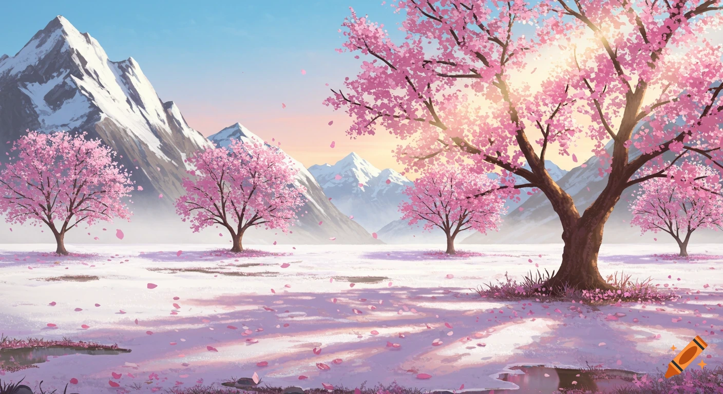 A beautiful spring landscape with pink cherry blossom trees in melting snow with mountains under a bright sky.