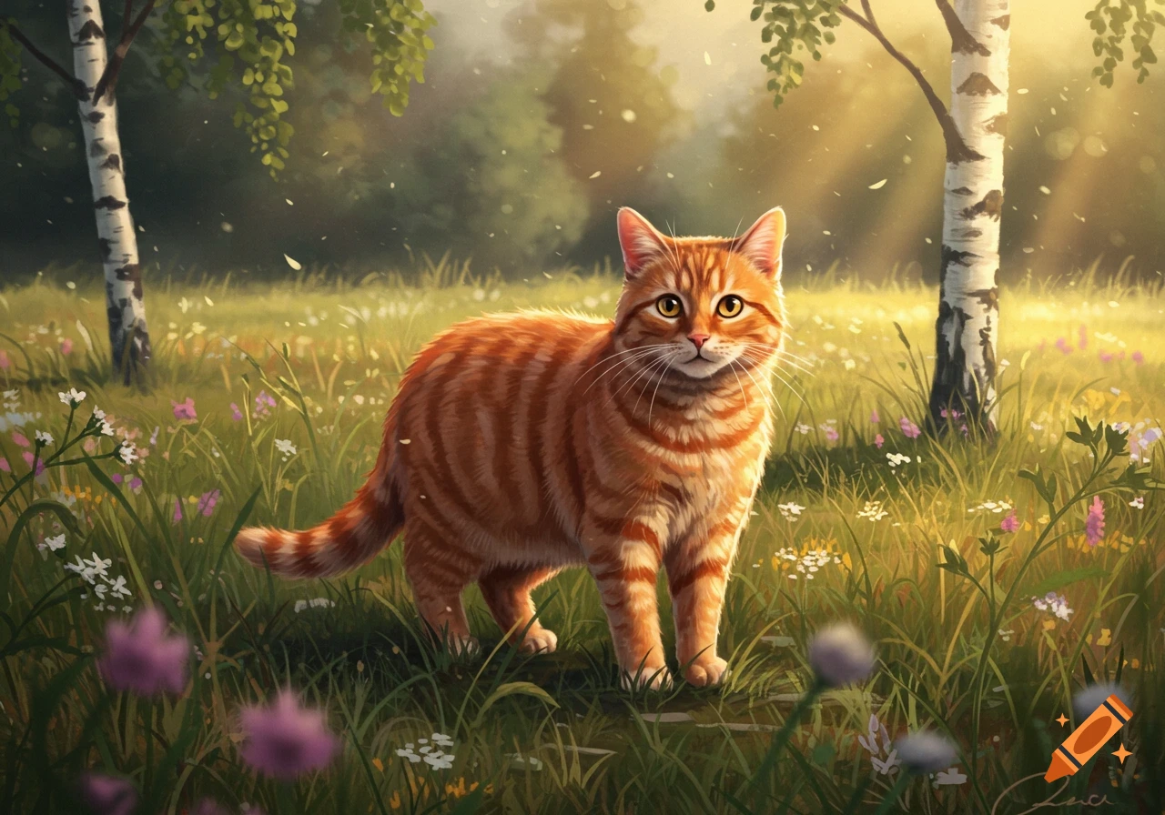 An orange tabby cat with bright yellow eyes stands in a sunny field surrounded by green grass and small wildflowers, with birch trees in the background.