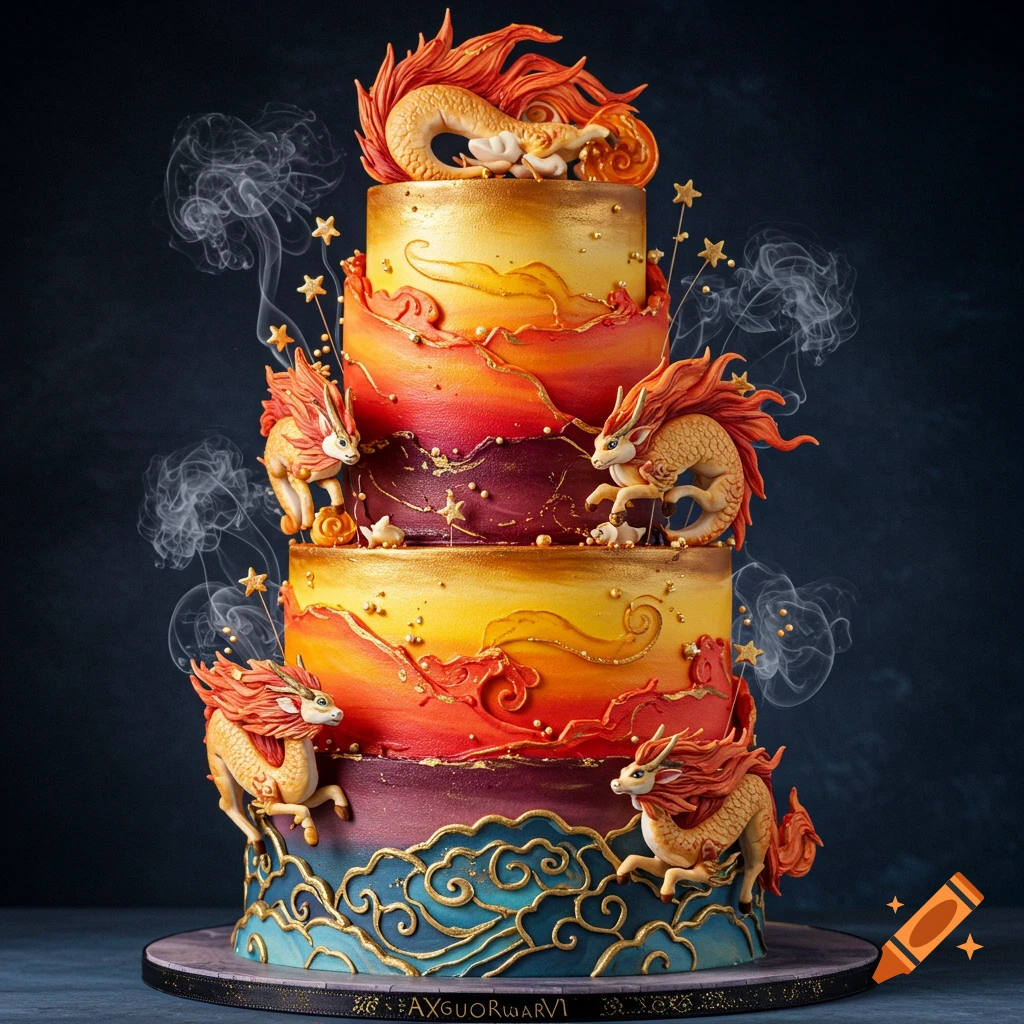 A multi-tiered birthday cake with fiery orange and red gradient frosting, gold accents, and ornate golden mythical dragon-like creatures.