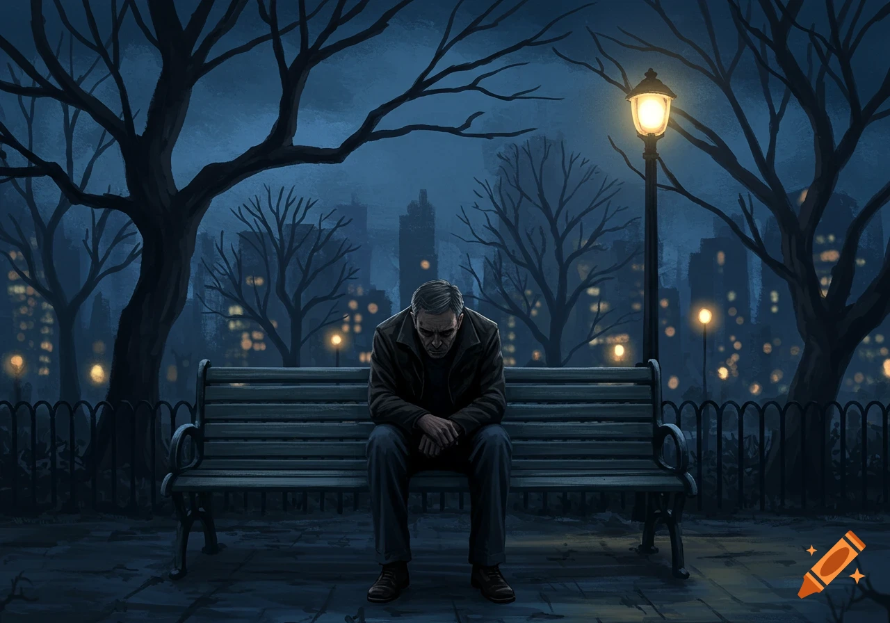 A somber illustration of an anxious man sitting alone on a park bench at night, with bare trees and city lights in the background.