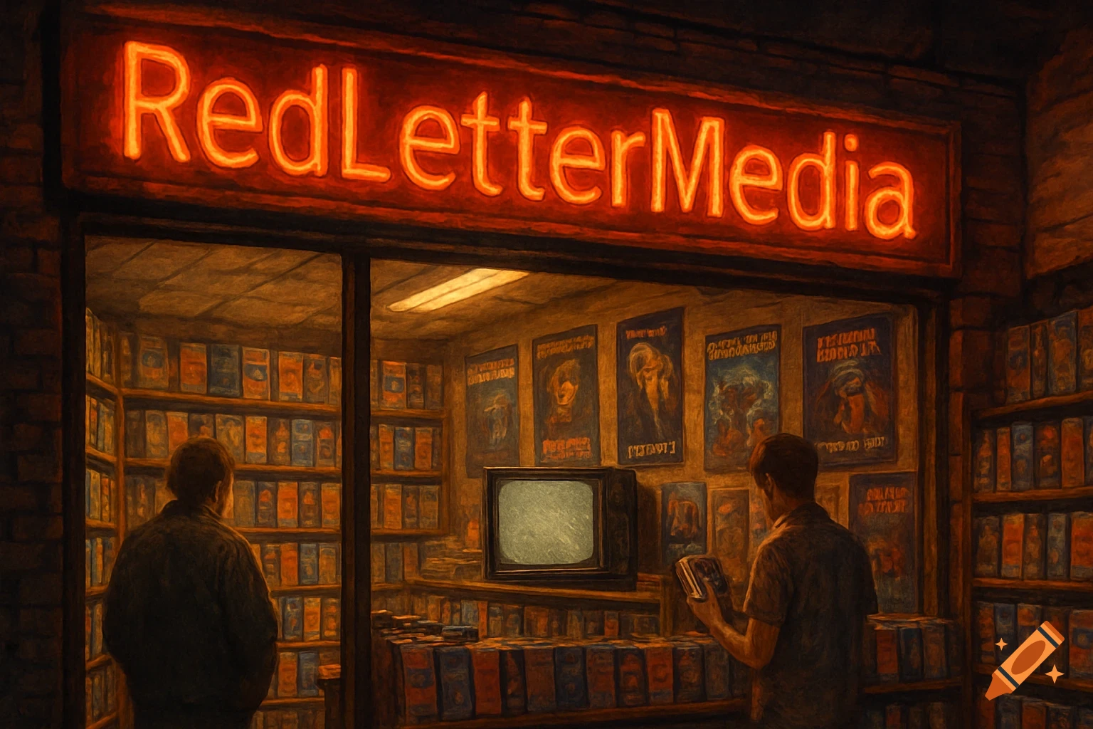 A dimly lit, painterly interior of a video store with a glowing 'RedLetterMedia' neon sign and two men browsing.