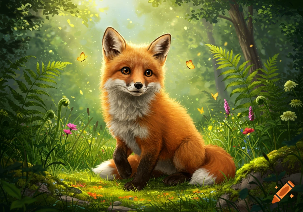 A cute fox sits in a sun-dappled forest clearing, surrounded by ferns, flowers, and butterflies.