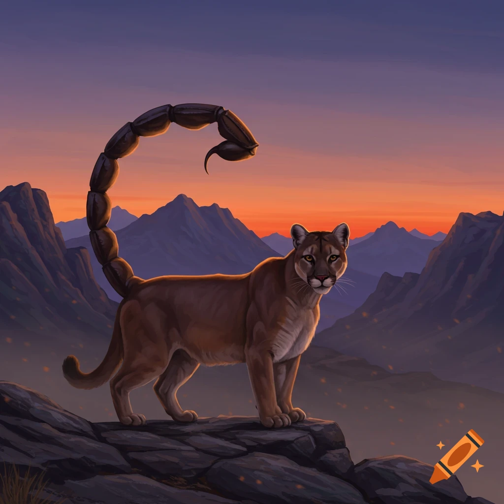 A fantasy creature, a mountain lion with a scorpion tail, stands on a rocky peak overlooking a mountain range at sunset.