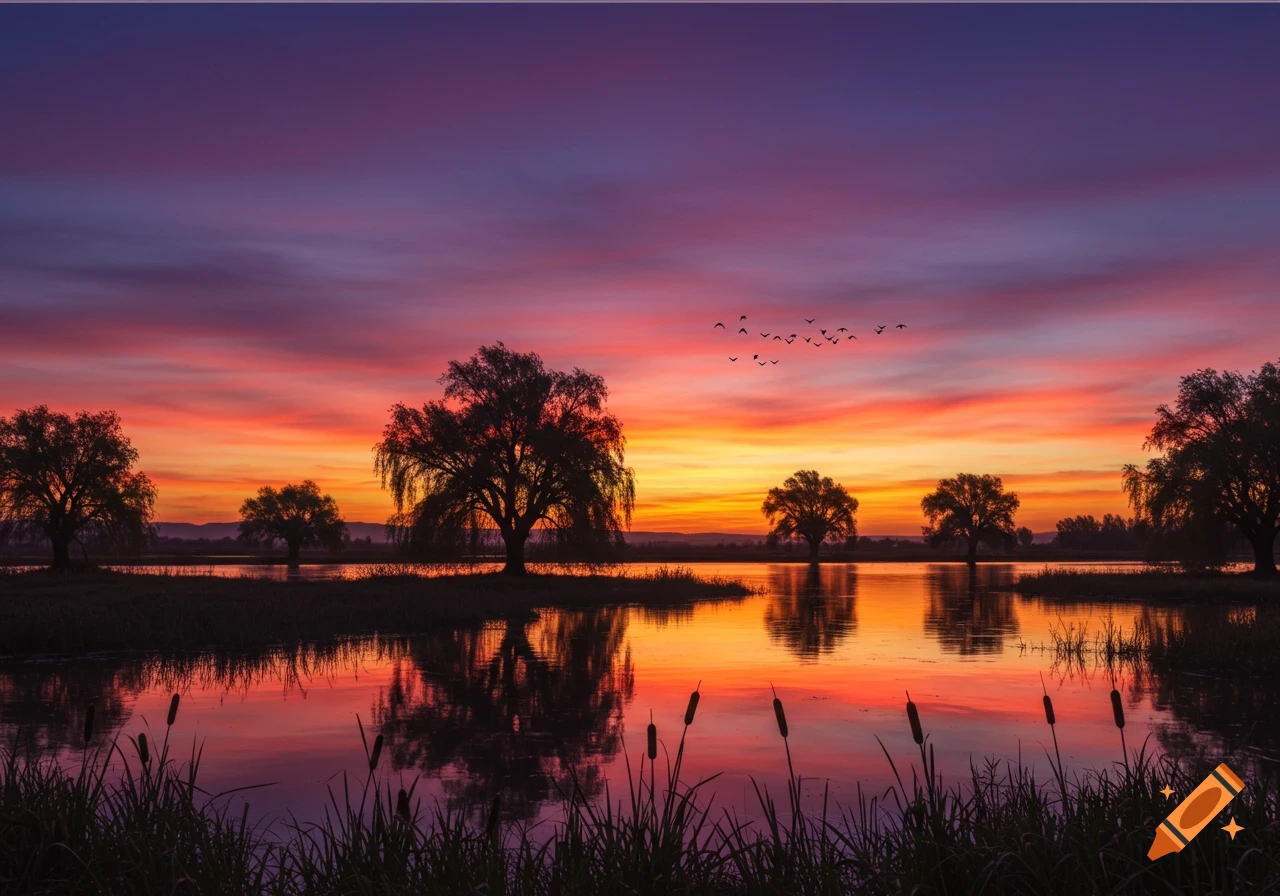 A vibrant orange and purple sunset over a calm lake with silhouetted trees and a flock of birds flying.
