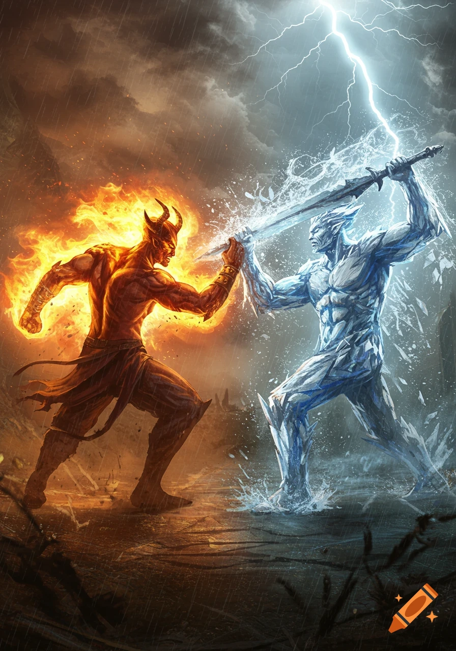 A vibrant fantasy digital art illustration of a fire demon fighting an ice warrior with a sword amidst a stormy sky.