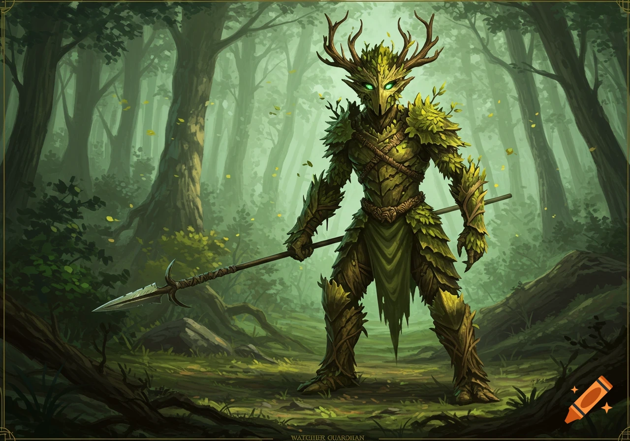 A leafy, deer-antlered forest guardian with glowing eyes stands in a lush forest, holding a spear. Fantasy art.