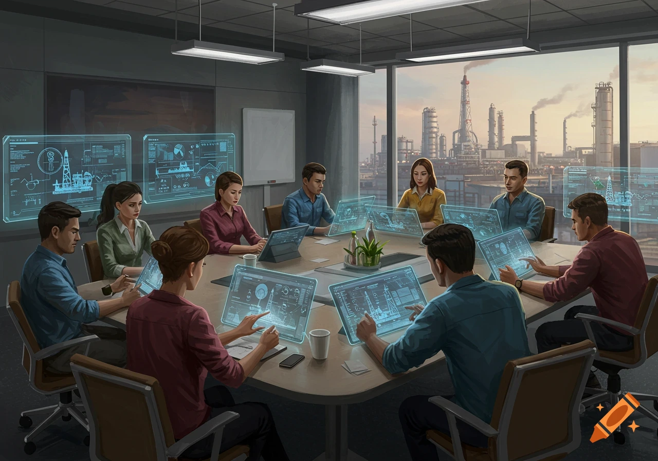Illustration of a diverse group of professionals in a modern boardroom, using holographic screens with data, overlooking an oil refinery at sunset.