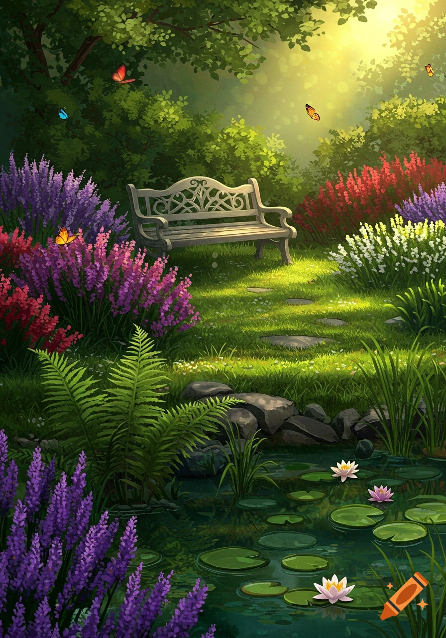 A lush, vibrant garden illustration with a white bench, colorful flowers, ferns, a pond with water lilies, and butterflies.