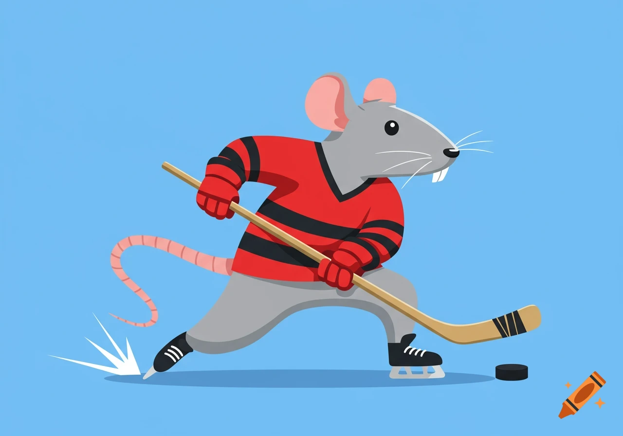 A cartoon rat wearing a red and black hockey jersey and skates, holding a stick on blue ice near a puck.
