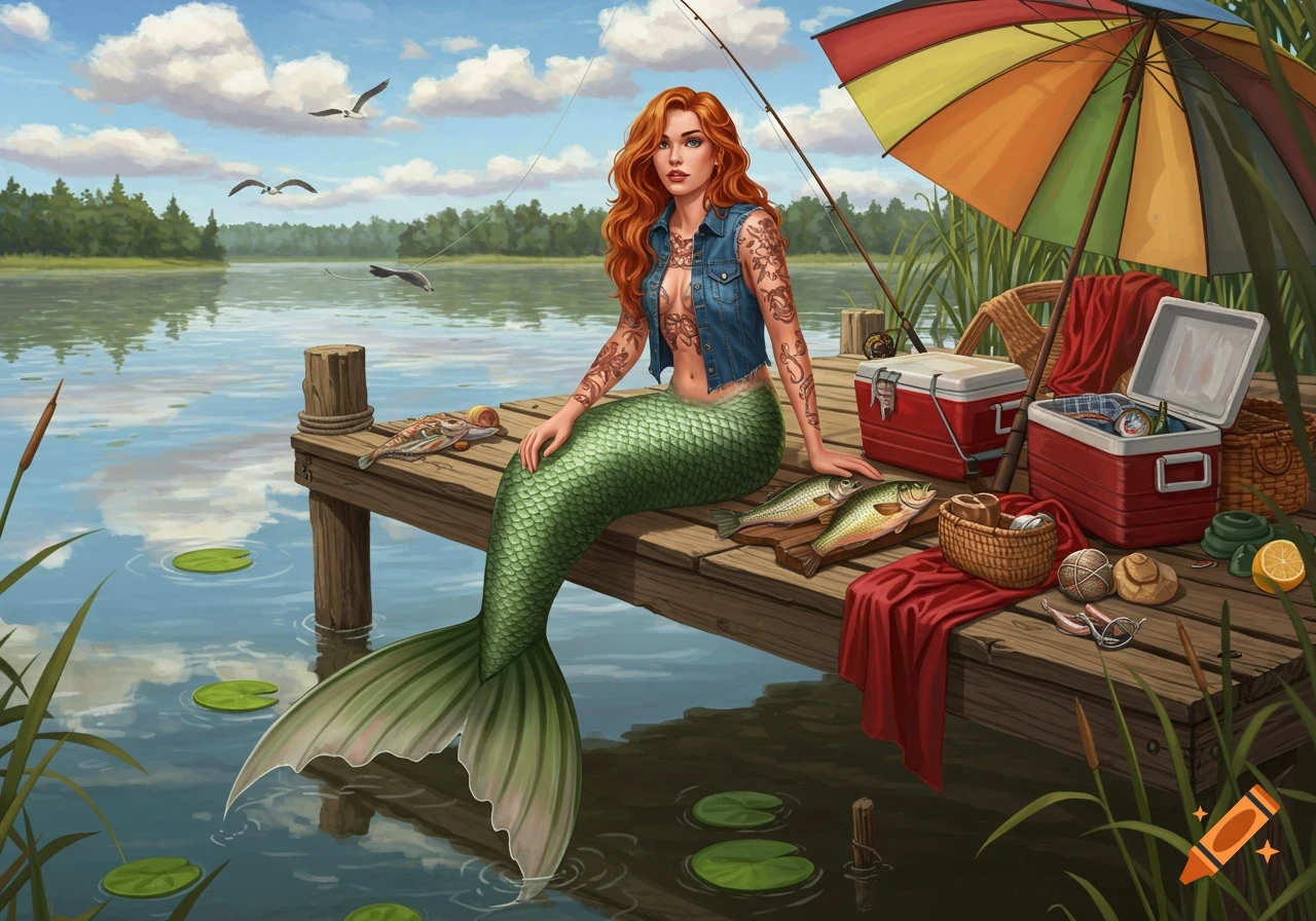 Anime-style redheaded mermaid with tattoos on a dock with fishing gear and caught fish by a lake under an umbrella.