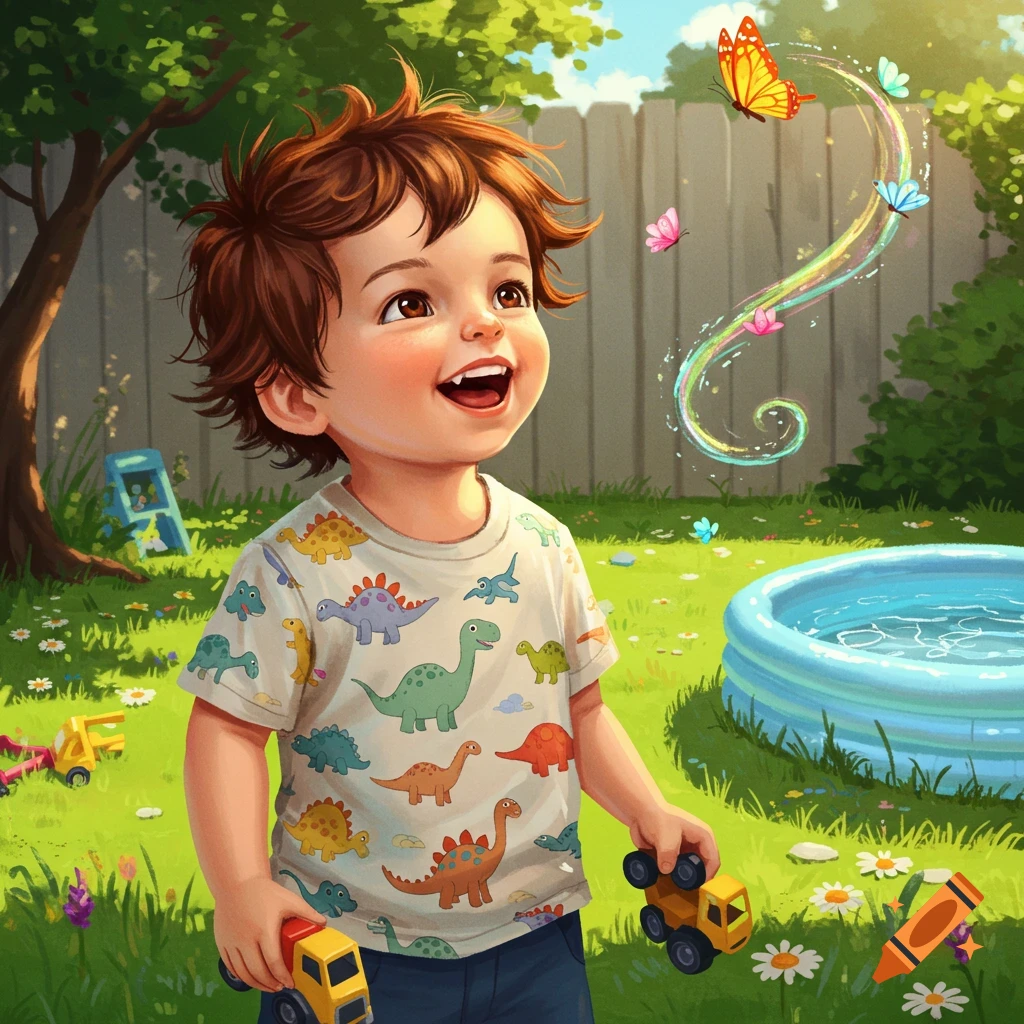 A happy toddler with brown hair in a dinosaur t-shirt plays in a sunny backyard with toy trucks, looking up at butterflies.