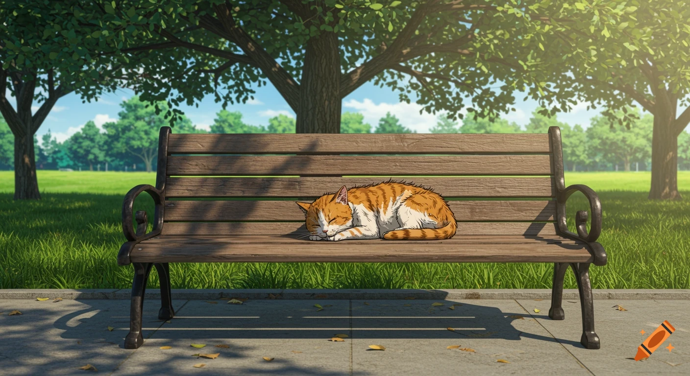 An orange and white cat sleeps curled up on a wooden park bench in an anime style.