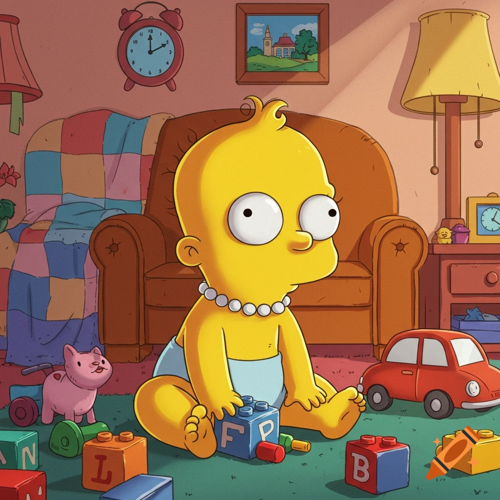 A baby character resembling Maggie Simpson sits on a green rug, playing with colorful building blocks and a red toy car in a cozy room.
