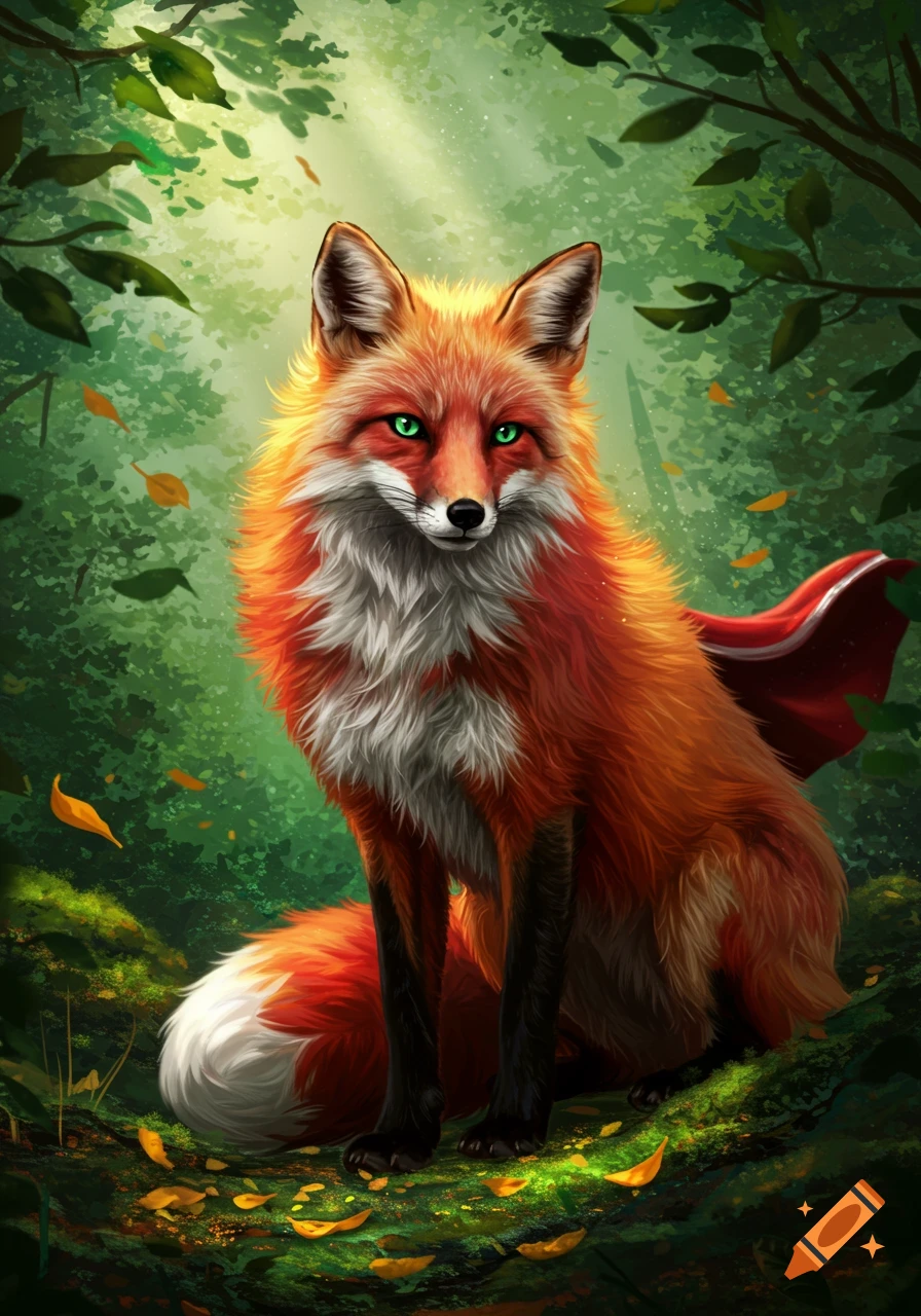 A vibrant, illustrated red fox with glowing green eyes and a red cape sits in a lush green forest with sun rays and autumn leaves.