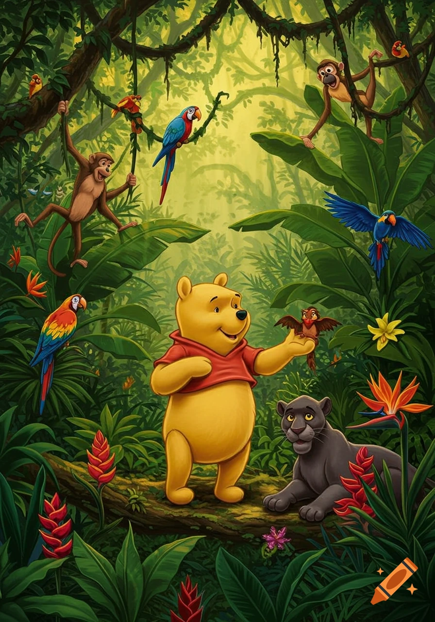 Winnie the Pooh in a red shirt stands on a log in a lush jungle, interacting with a small bird. A black panther, monkeys, and colorful parrots surround him. Cartoon style.
