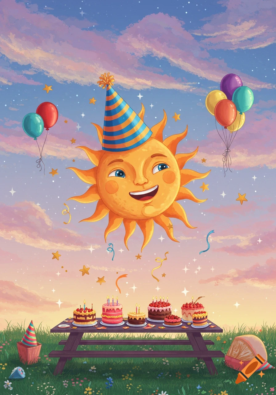A cartoon sun wearing a striped party hat floats above a picnic table laden with birthday cakes, balloons, and stars in a colorful sunset sky.