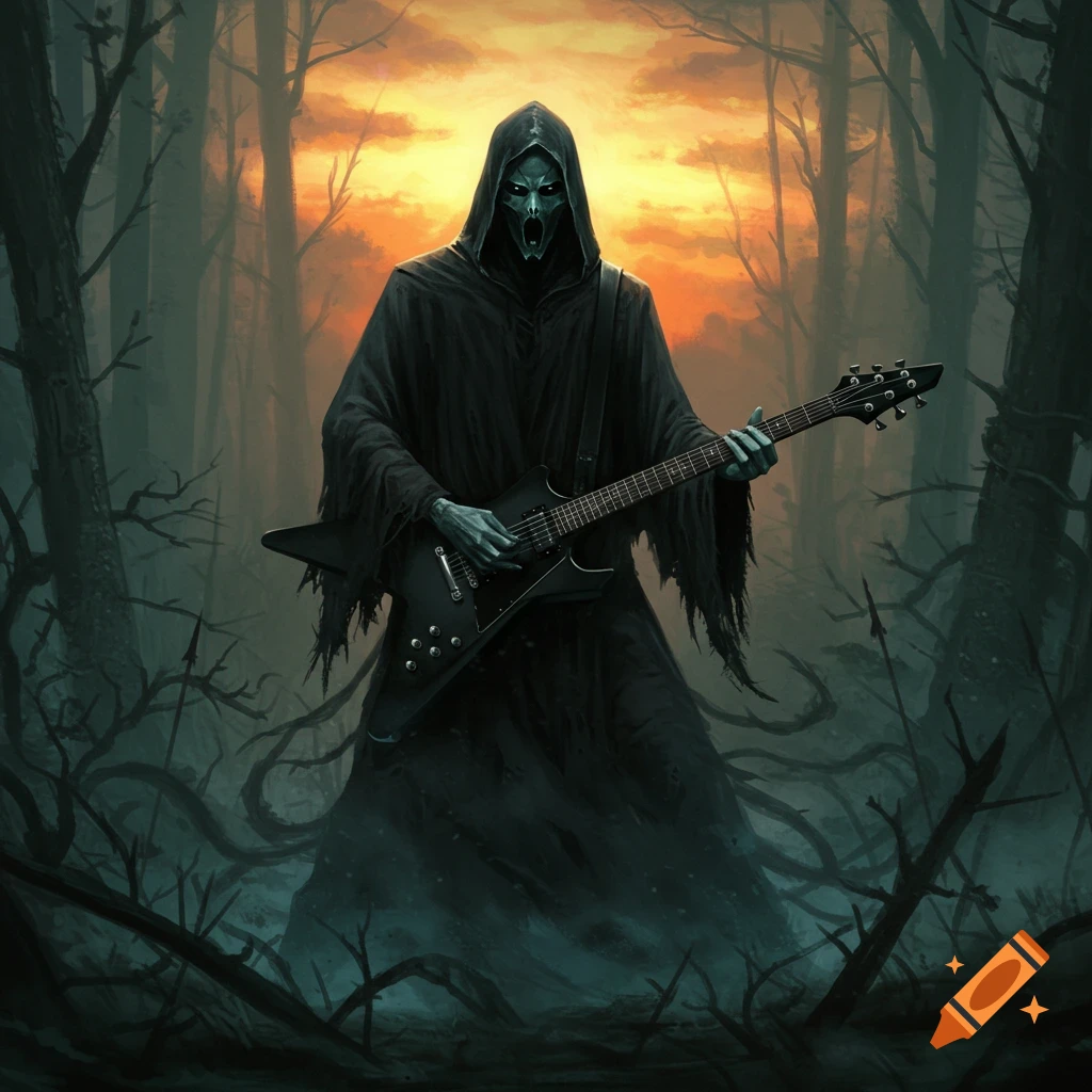 A dark cloaked figure resembling a Nazgul plays a black Flying V guitar in an eerie, shadowy forest lit by an orange sky.