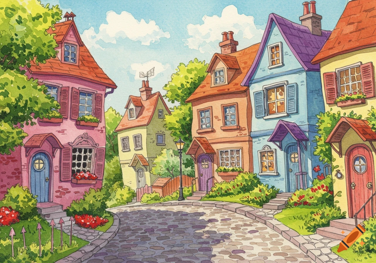 Watercolor illustration of a colorful row of whimsical houses along a cobblestone street under a blue sky.