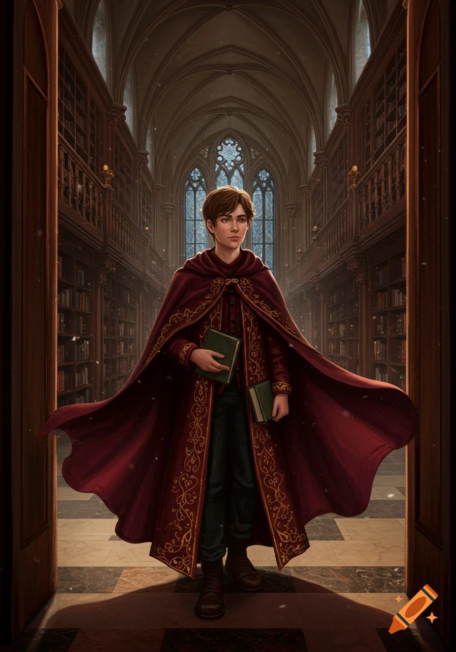 A young boy in a burgundy cloak holding two books stands in a grand, high-ceilinged library with tall bookshelves and arched windows.