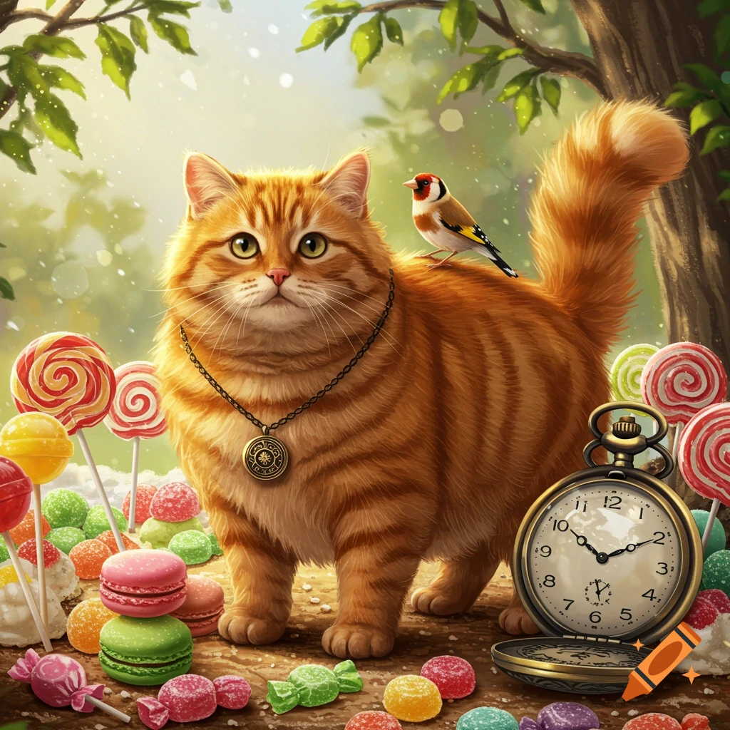 A fluffy ginger cat wearing a pendant stands in a magical forest surrounded by colorful lollipops and candies, with a small bird on its back and an open pocket watch nearby.