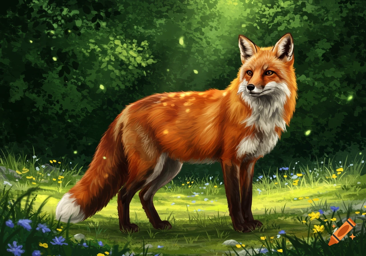 A vibrant digital illustration of a red fox standing in a sunlit forest with glowing particles.