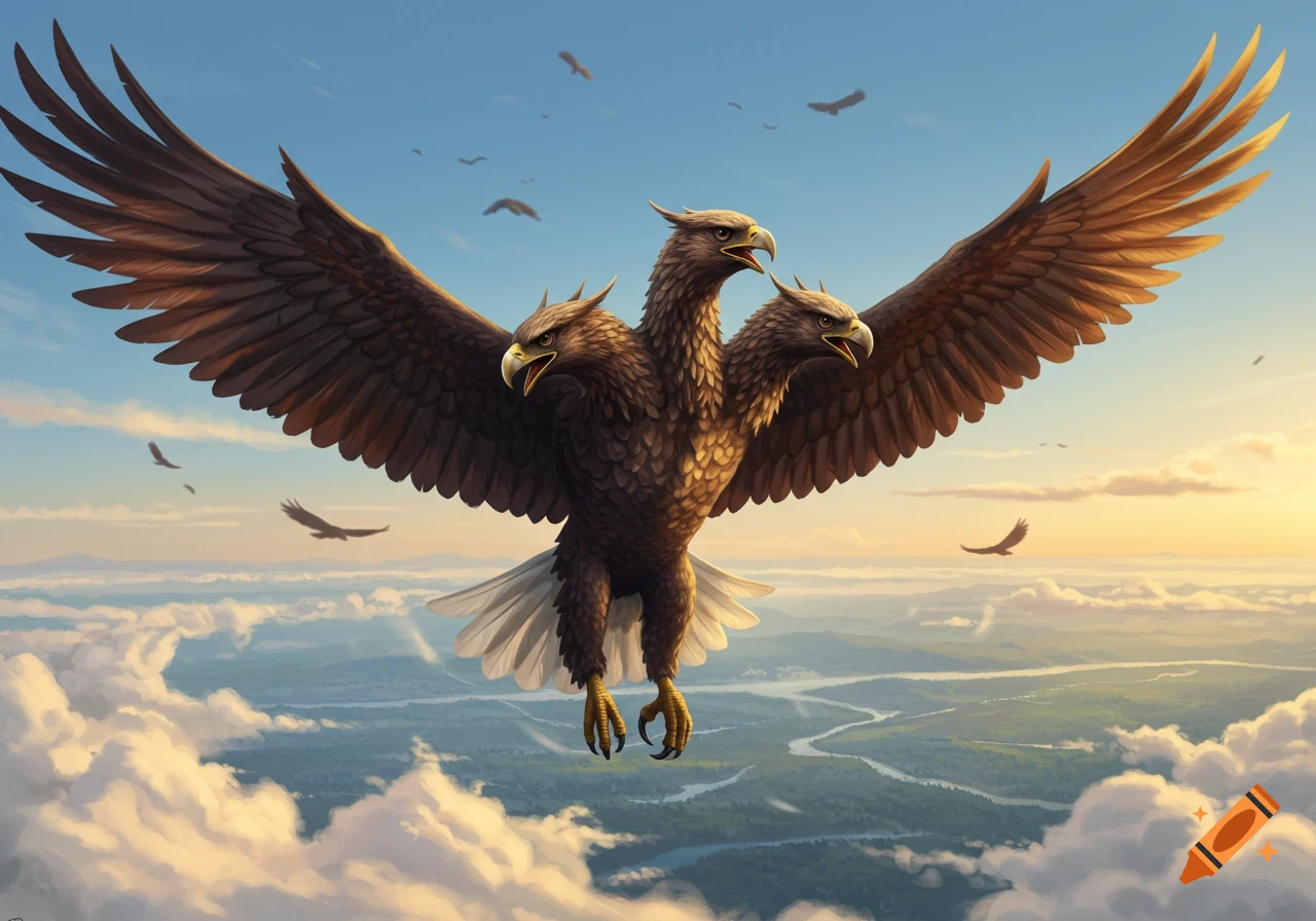 A majestic three-headed eagle soars high above a cloud-filled landscape with rivers at sunset.