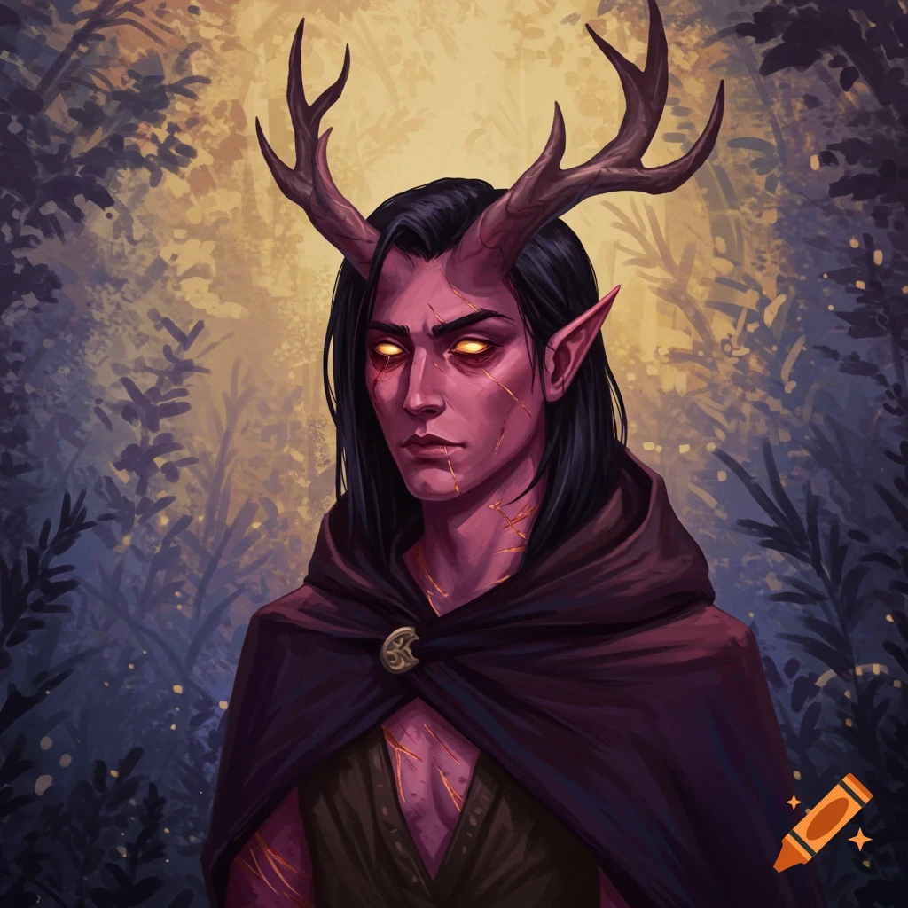A fantasy portrait of a Tiefling character with pink skin, black hair, deer horns, glowing golden eyes, and golden crack-like scars, wearing a dark cloak in a mystical forest.