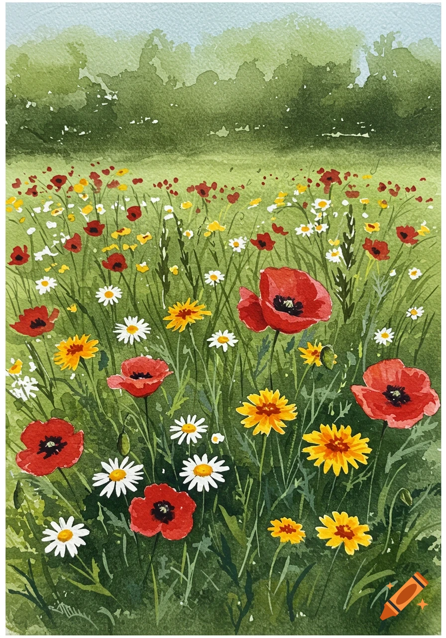 Vibrant watercolor painting of a wildflower field with red poppies, yellow flowers, and white daisies among green foliage.