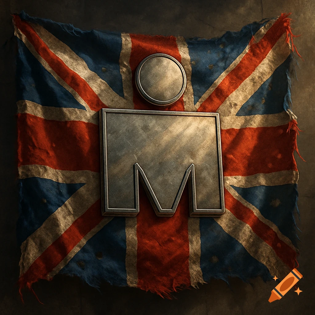 A metallic Ironman M-dot logo embossed on a tattered Union Jack flag.